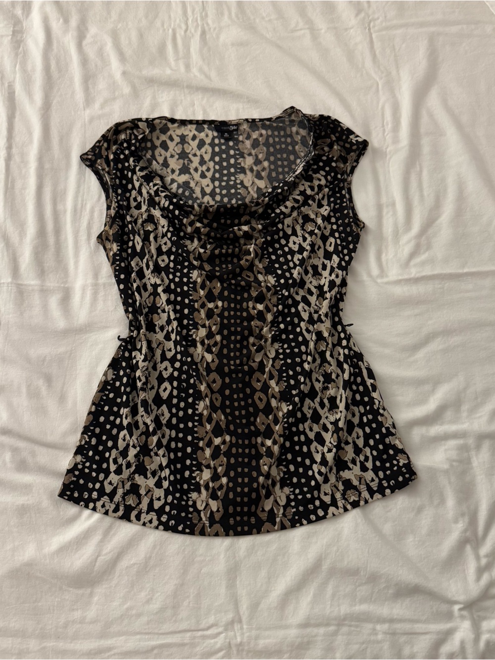 Y2K black and beige print top with polka dots, size M